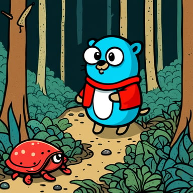 Go Blue Gopher looking at tiny red rusty crab in a Portobello and Shimeji forest.