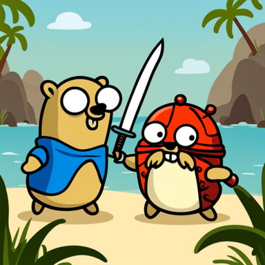 Go Blue Gopher fighting a crab with swords.