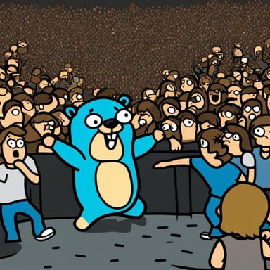 Go blue gopher head-banging in the mosh pit at a heavy metal concert.