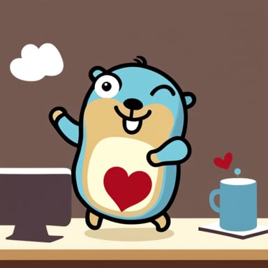 Go Blue Gopher, joyful holding a heart.