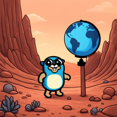 Go Blue Gopher walking around the Mars globe.