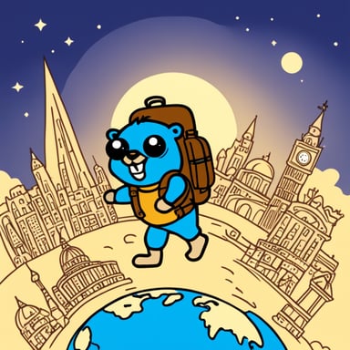 Go Blue Gopher with a backpack walking around the world globe as if it was traveling.