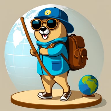 Go Blue Gopher with a backpack walking around the world globe as if it was traveling.