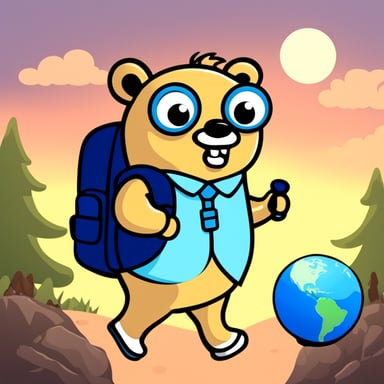 Go Blue Gopher with a backpack walking around the Earth globe.