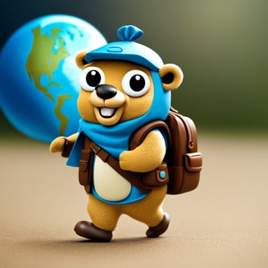 Go Blue Gopher with a backpack walking around the Earth globe.