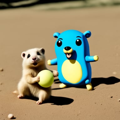 Happy go blue gopher with yellow ferret playing in Mongolia.