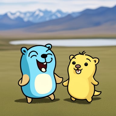 Happy go blue gopher with yellow ferret playing in Mongolia.