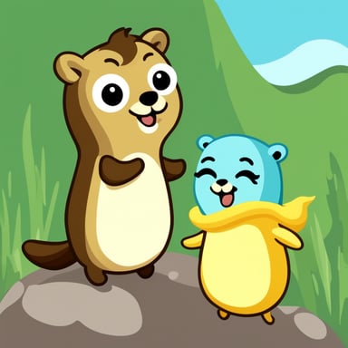 Happy go blue gopher with yellow ferret playing in Mongolia.