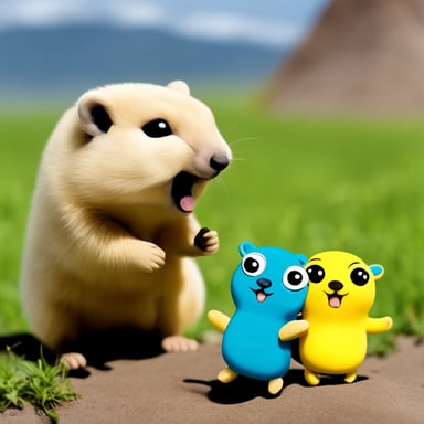 Happy go blue gopher with yellow ferret playing in Mongolia.