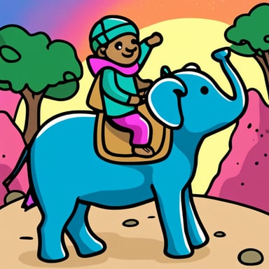 Go Blue Gopher riding an elephant in Africa, surrounded by bright colors: green, blue, magenta.