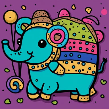 Go Blue Gopher riding an elephant in Africa, surrounded by bright colors: green, blue, magenta.