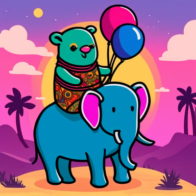 Go Blue Gopher riding an elephant in Africa, surrounded by bright colors: green, blue, magenta.