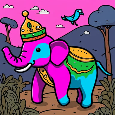 Go Blue Gopher riding an elephant in Africa, surrounded by bright colors: green, blue, magenta.