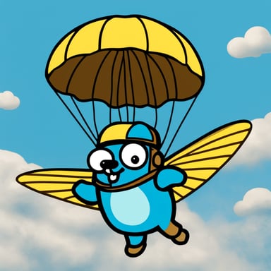 Go Blue Gopher using a Portobello cap as a parachute. Sky. Airplane.