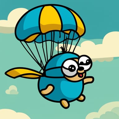 Go Blue Gopher using a Portobello cap as a parachute. Sky. Airplane.