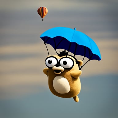 Go Blue Gopher using a Portobello cap as a parachute. Sky. Airplane.