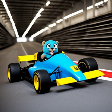 Go Blue Gopher riding an F1 car.
