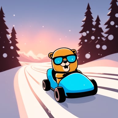 Go Blue Gopher in icy kart track. Speeding up. Vroom. Vroom.