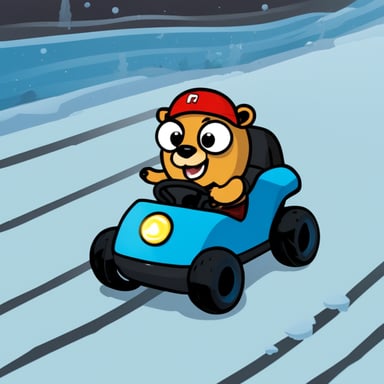 Go Blue Gopher in icy kart track. Speeding up. Vroom. Vroom.