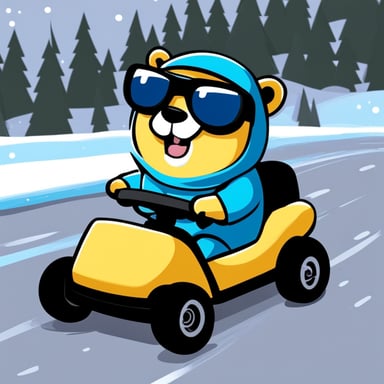 Go Blue Gopher in icy kart track. Speeding up. Vroom. Vroom.