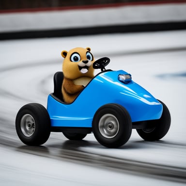 Go Blue Gopher in icy kart track. Speeding up. Vroom. Vroom.