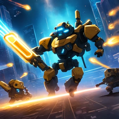 Go Blue Gopher battles giant robots with lasers while defending a pile of cash in a thrilling sci-fi adventure.