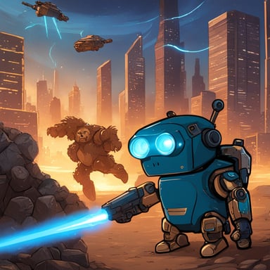 Go Blue Gopher battles giant robots with lasers while defending a pile of cash in a thrilling sci-fi adventure.