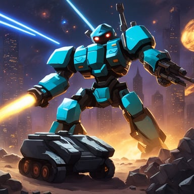 Go Blue Gopher battles giant robots with lasers while defending a pile of cash in a thrilling sci-fi adventure.