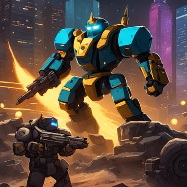 Go Blue Gopher battles giant robots with lasers while defending a pile of cash in a thrilling sci-fi adventure.