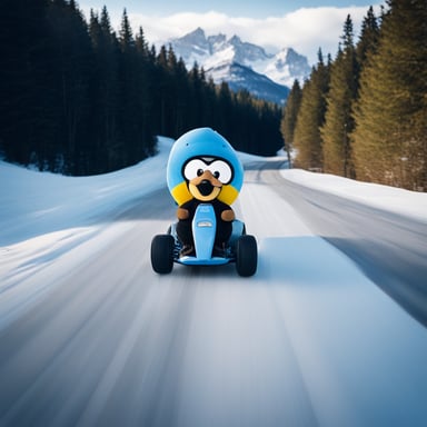 Go Blue Gopher drifting a kart while riding an icy road in the Alps.