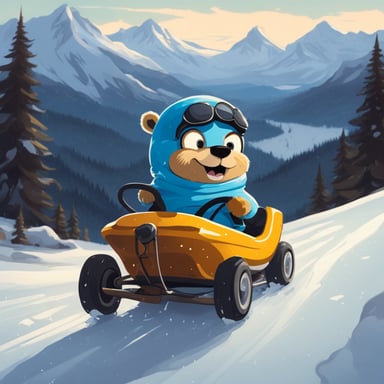 Go Blue Gopher drifting a kart while riding an icy road in the Alps.