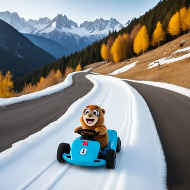 Go Blue Gopher drifting a kart while riding an icy road in the Alps.