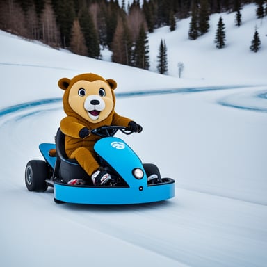 Go Blue Gopher drifting a kart while riding an icy road in the Alps.