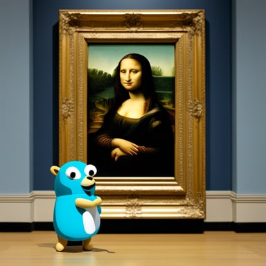 Go Blue Gopher is painting a small Mona Lisa in a museum.