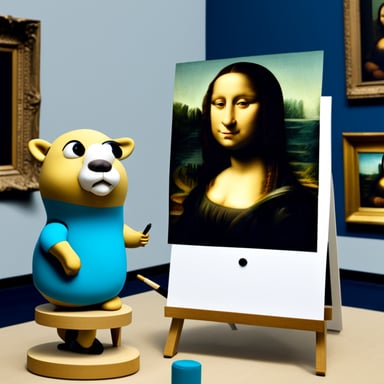 Go Blue Gopher is painting a small Mona Lisa in a museum.