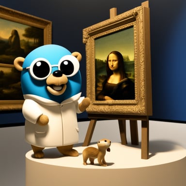 Go Blue Gopher is painting a small Mona Lisa in a museum.