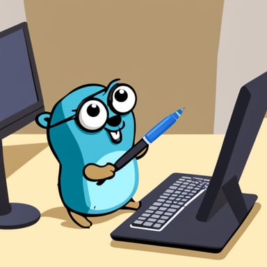 Go blue gopher with pen darting at a computer monitor.