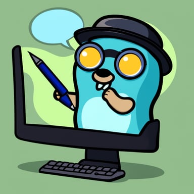 Go blue gopher with pen darting at a computer monitor.