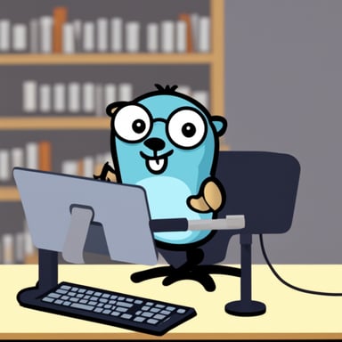 Go blue gopher with pen darting at a computer monitor.