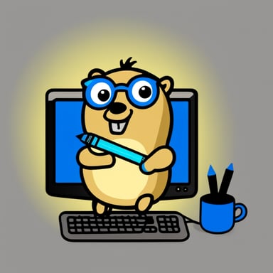 Go blue gopher with pen darting at a computer monitor.