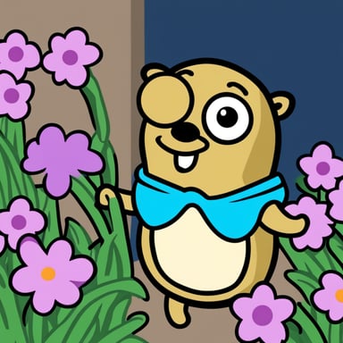 Go Blue Gopher, the hero, admires cute flowers.