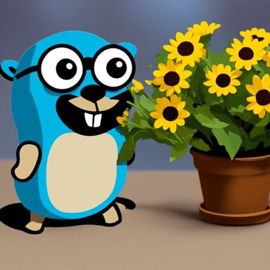 Go Blue Gopher, the hero, admires cute flowers.
