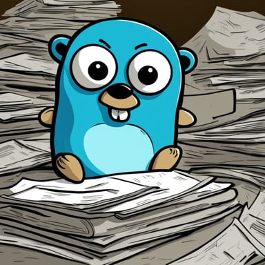 A tired and sweaty Go Blue Gopher over a pile of paperwork.