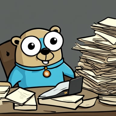 A tired and sweaty Go Blue Gopher over a pile of paperwork.