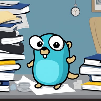 A tired and sweaty Go Blue Gopher over a pile of paperwork.