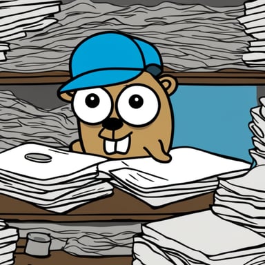 A tired and sweaty Go Blue Gopher over a pile of paperwork.