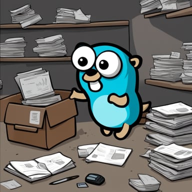 A tired and sweaty Go Blue Gopher, with a black T-shirt featuring a logo that is a T, stands over a pile of paperwork.