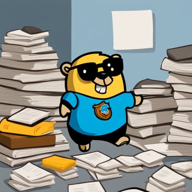 A tired and sweaty Go Blue Gopher, with a black T-shirt featuring a logo that is a T, stands over a pile of paperwork.