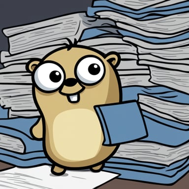 A tired and sweaty Go Blue Gopher, with a black T-shirt featuring a logo that is a T, stands over a pile of paperwork.