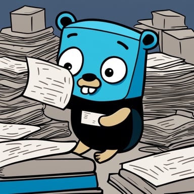 A tired and sweaty Go Blue Gopher, with a black T-shirt featuring Typeform's logo, stands over a pile of paperwork.